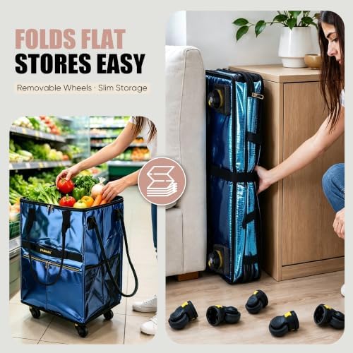 PASMAN Reusable Foldable Rolling Grocery Bag on 5 Wheels,Medium, Rose Gold