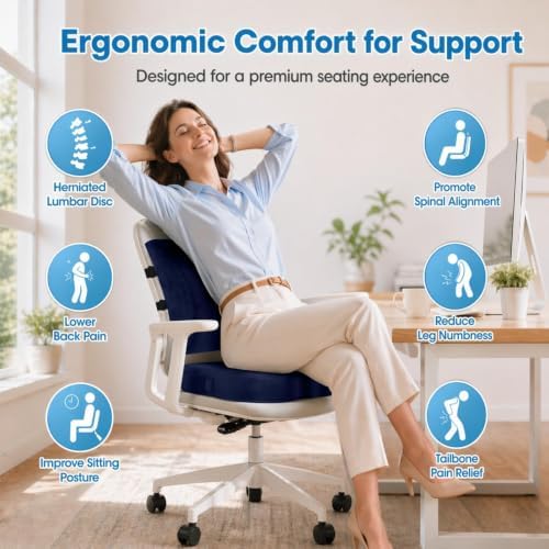 CloudBliss Ergonomic Seat Cushion & Lumbar Support Pillow Set, Blue, Large