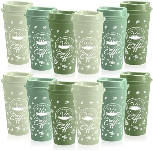 12 Sets Reusable Coffee Cups with Lids, 16oz, Green Series