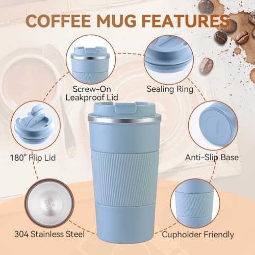 12OZ Travel Coffee Mug Insulated Coffee Cup with Spill Leak Proof Lid, Portable Stainless Steel Tumbler Reusable Hot and Cold Water Mug for Car, Daily, Camping- Light Blue