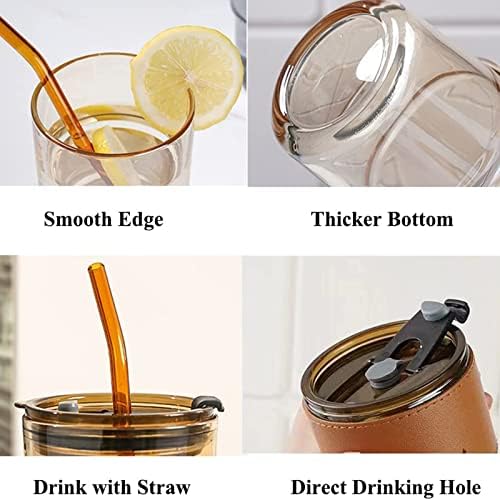BLUEPOLAR 13 oz Tumbler Water Glass, Water Bottle with Straw and Dustproof Lid, Coffee Ice Cup Double Wall Insulated Glass Cup (Amber with Sleeve and Strap)