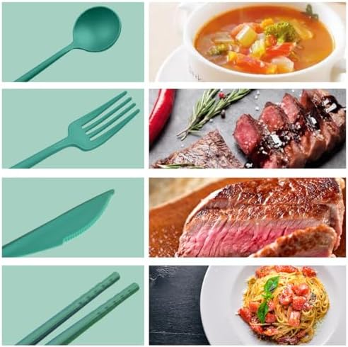 ELANE 4 Sets Reusable Travel Utensils Set with Case,Camping Cutlery Set Reusable Cutlery Set with Case,Utensil Sets for Lunch Picnic Daily Use Outdoor (darkgreen)