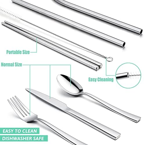 HaWare Portable Travel Utensils with Case, Stainless Steel Silverware Set for Camping Office School Lunch, Including Knife Fork Spoon Chopsticks, Reusable and Dishwasher Safe(Green)
