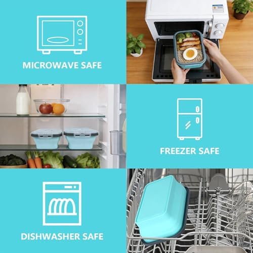 Collapsible Silicone Food Storage Containers Set, 4PCS Foldable Lunch Boxes with Lids & Air Vent, 27oz Multifunctional Travel Food Containers, Bento Boxes, Blue