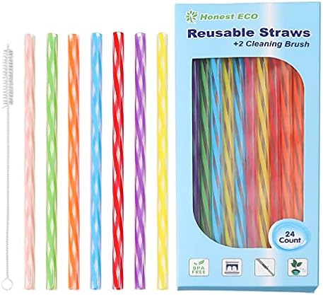 Honest ECO Reusable Stirrer Straws with Cleaner Brush Short Assorted color Plastic Pipes fit for Milk & Juice & Coffee & Smoothies & Cocktail & Kids Straws Kit (24Count-7.5in)