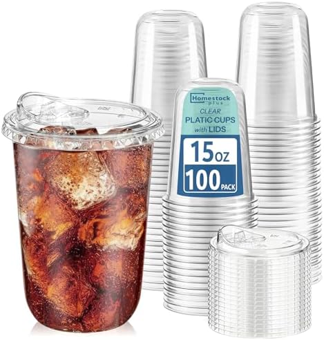 Homestockplus 15 oz Clear Plastic Cups with Lids (100 Pack) - Strawless Sip Lids, Leak-Proof & BPA-Free Iced Coffee Cups - Disposable Cold Drink Cups for Smoothies, Milkshake, Parties, Events