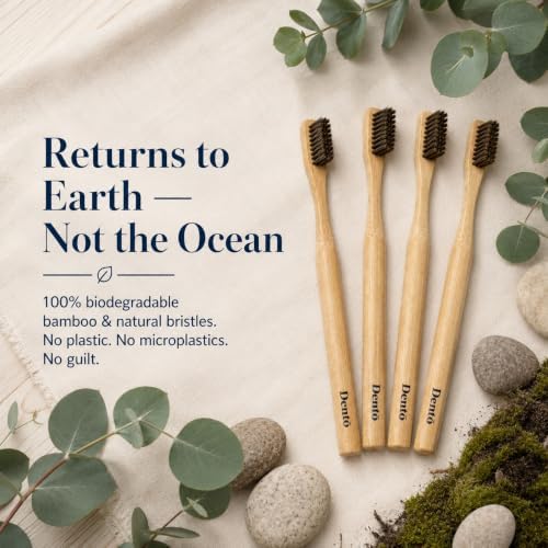 Dento Bamboo Toothbrush 4 Pack, Natural Horsehair Bristles, Soft