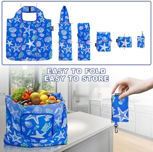 HOLYLUCK Reusable Grocery Bags,Heavy Duty Foldable Shopping Tote Bag (Standard, 3 Starfish)