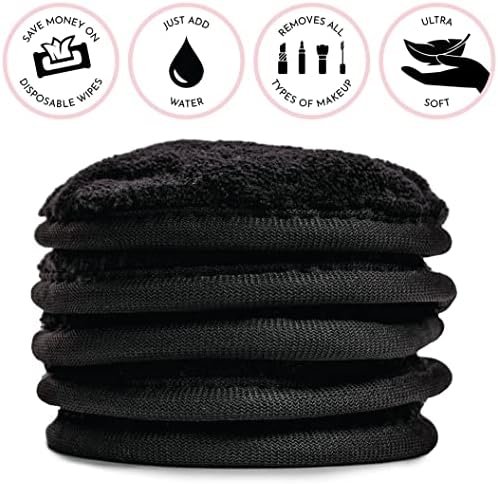 S&T INC. Makeup Remover Wipes for Skin Care with Laundry and Storage Bag, Reusable Makeup Wipes or Face Towels, Travel Essentials, Black, 4 In. Diameter, 5PK