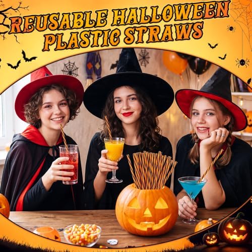 Honeydak 50 Pcs Reusable Plastic Straws Bulk,Black and Orange Stripe
