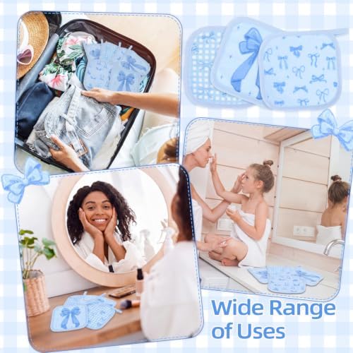 24 Pcs Blue Bow Party Favor Makeup Remover Cloth 6" x 6" Towels Reusable Coquette Blue Bow Remover Face Pads Soft Microfiber Washcloths Facial Cloths Makeup Towel Gift for Women