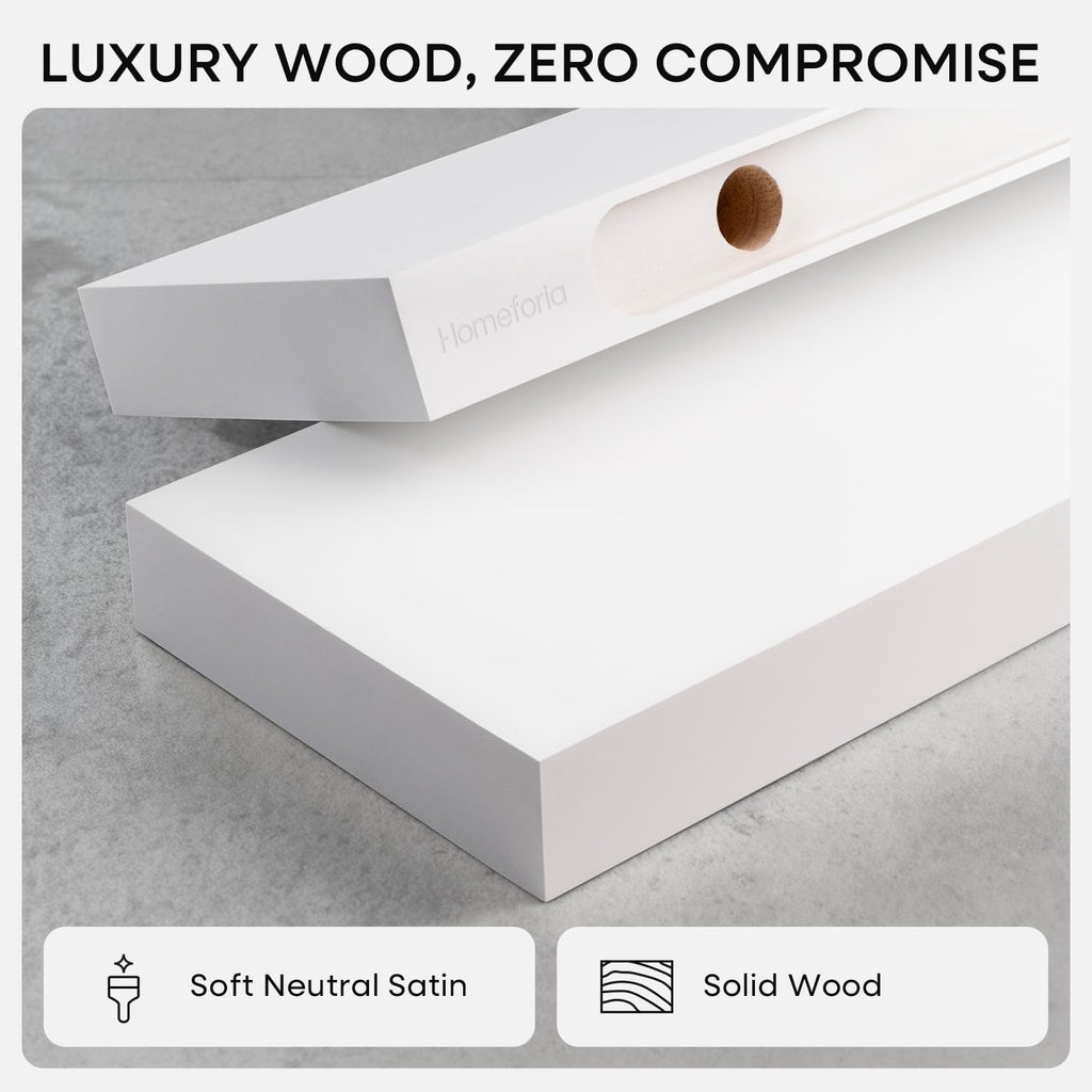 Homeforia White Floating Shelves 42 inch, High End Solid Real Wood 42inch Floating Shelf for Wall Mounted, White Wooden 42in Long Floating Shelves, Heavy Duty Bracket, 42 X 6.5 X 1.75 inches, Set of 2