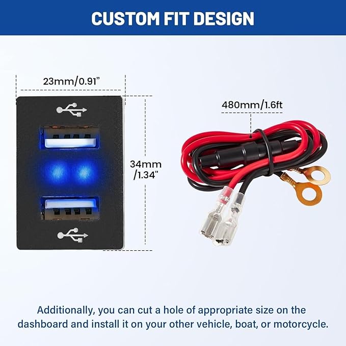 Anina Dual USB Car Charge Port for Toyota, Square Power Socket Adapter with Blue Light, USB Dashboard Mount Module, Vehicle USB Plug for 2009-2019 Toyota Corolla RAV4 Camry Highlander Prado