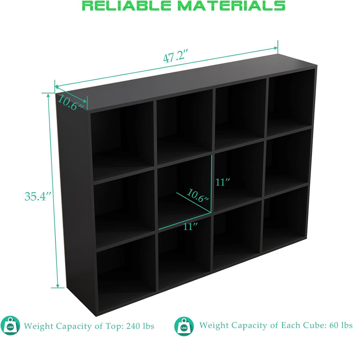 12-Cube Storage Shelf Bookcase - Wooden 3-Tier Floor Standing Open Bookshelf for Home and Office, Display Cabinet, Black