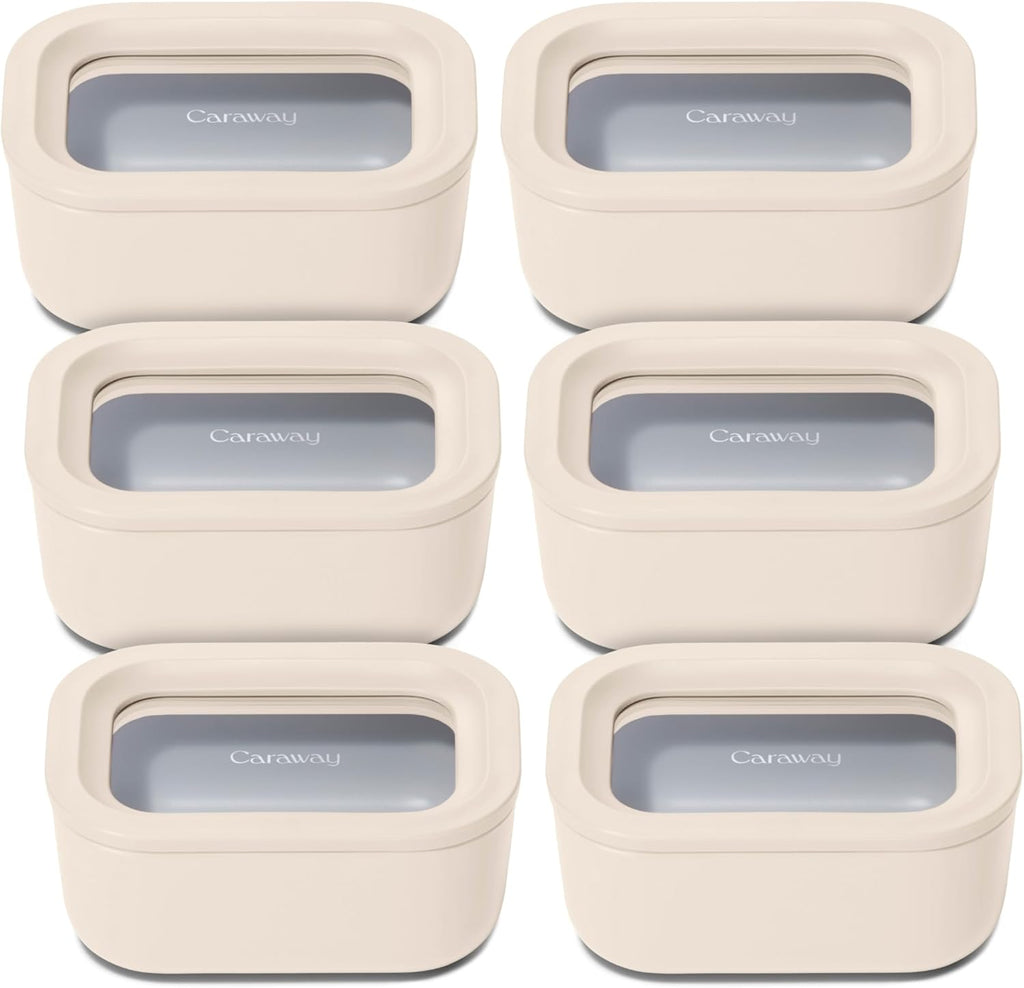 Caraway 6pc Glass Food Storage Set - 2.6 Cup Storage Containers For Food (6) - Non-Toxic Ceramic-Coated Glass - Air Release Technology - Compact & Stackable Design - Cream