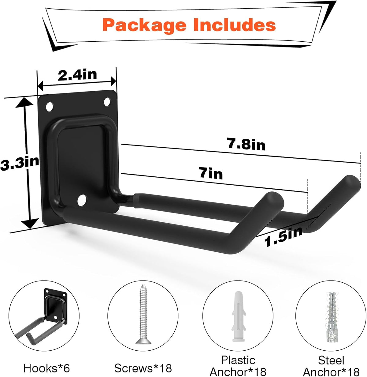 6 Packs 7.8inch Heavy Duty Garage Hooks, Garage Storage Organizer for Tool Organization, Shed Metal Utility Hooks Hanger for Tires, Bikes, Shed, Chair, Ladder, Ski and Snowboard