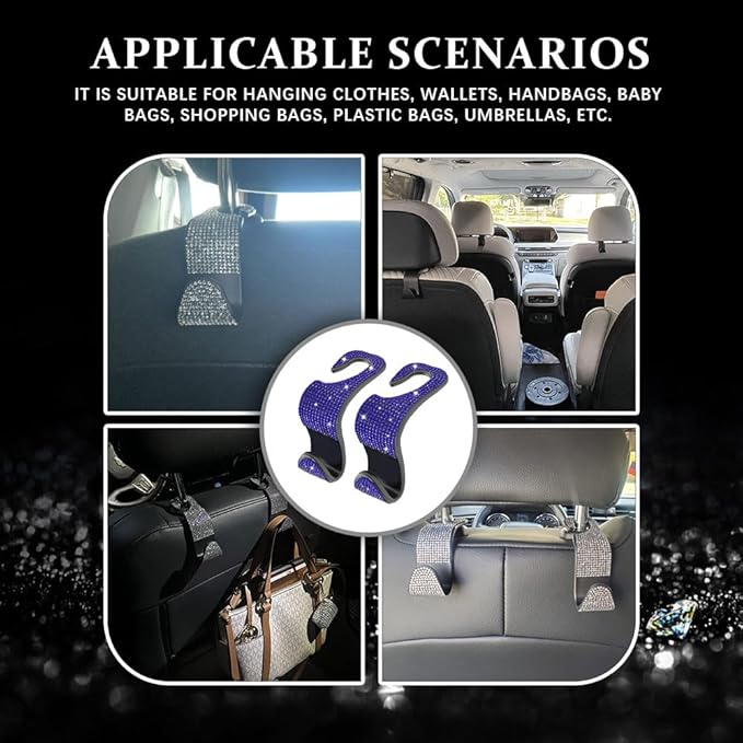 2PCS Car Seat Hooks, Purse Hook for Car, Crystal Rhinestone Vehicle Backseat Purse Holder, Auto Accessories Diamond Auto Seatback Storage Organizer Hanger for Handbag Clothes Purse (Blue)