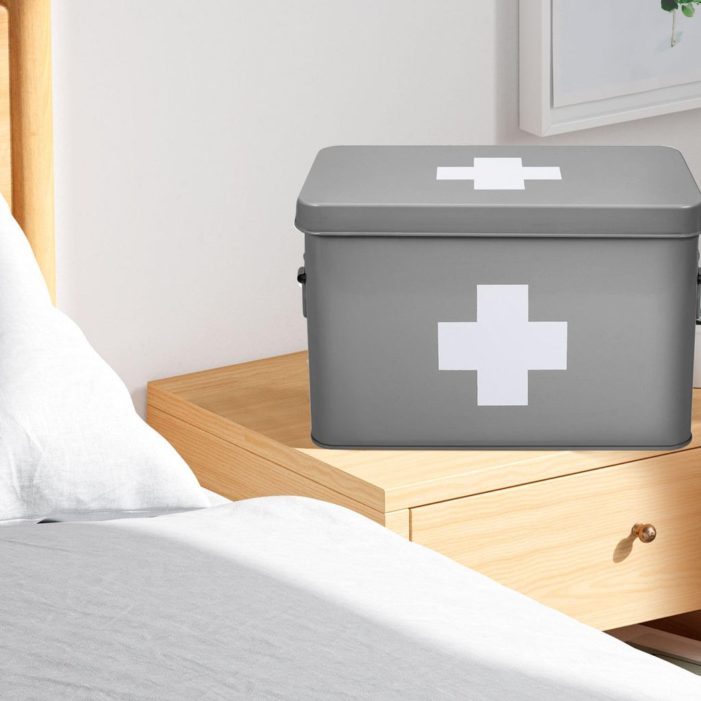 Flexzion Vintage First Aid Kit - 13" Gray Metal Box with Dividers, Removable Tray and White Cross Logo