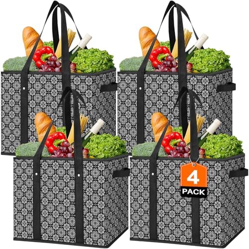 Reusable Grocery Bags 4 Pack, Foldable & Water Resistant Shopping Bags