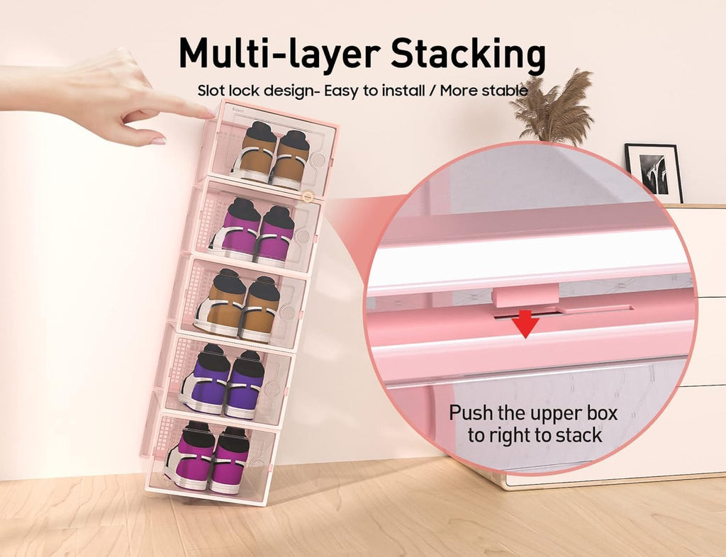 Kuject X-Large Shoe Storage Boxes Organizers Clear Plastic Stackable 12 Pack, Shoe Rack & Holder Substitute, Sneaker Containers, Toy Storage Organizer Bins for Entryway, Closet, Under Bed, Pink
