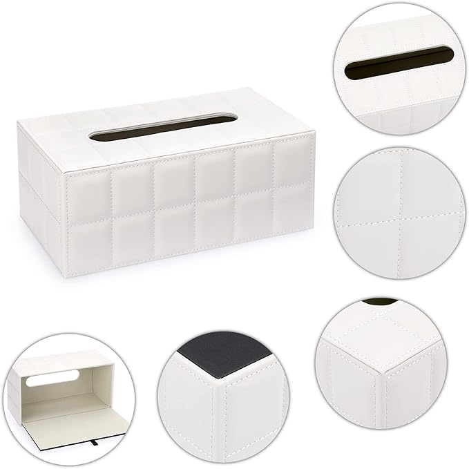 Sumnacon Rectangular Leather Tissue Box Cover - Stylish Tissue Box Holder with Magnetic Bottom, Decorative PU Tissue Box for Vanity Dresser Night Stand Table Countertop Home Office Car,Grid White