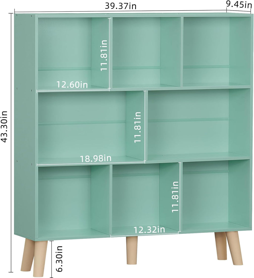 LEYAOYAO 8 Cube Bookshelf 3-Tier Bookcase with Legs, Mint-Green Kids Book Shelf Cute Storage Organizer, Large Open Toy Shelves Modern Bookshelves,Display Bookcases for Bedroom,Living Room,Nursery