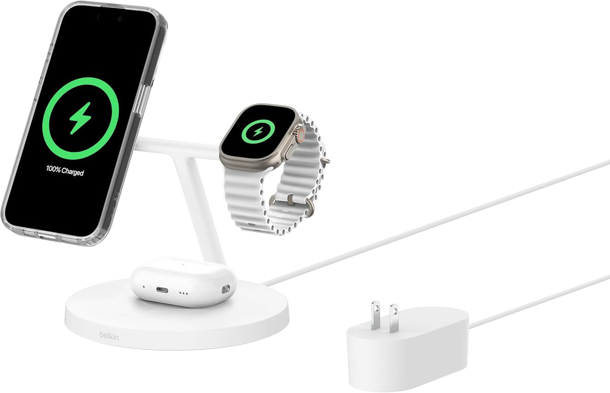 Belkin MagSafe-Compatible Charger, 3-in-1 Wireless Charging Station, Qi2-Certified 15W Wireless Charge for Apple iPhone 17 Series, Apple Watch, AirPods w/Non-Slip Base, 40W Included - Black