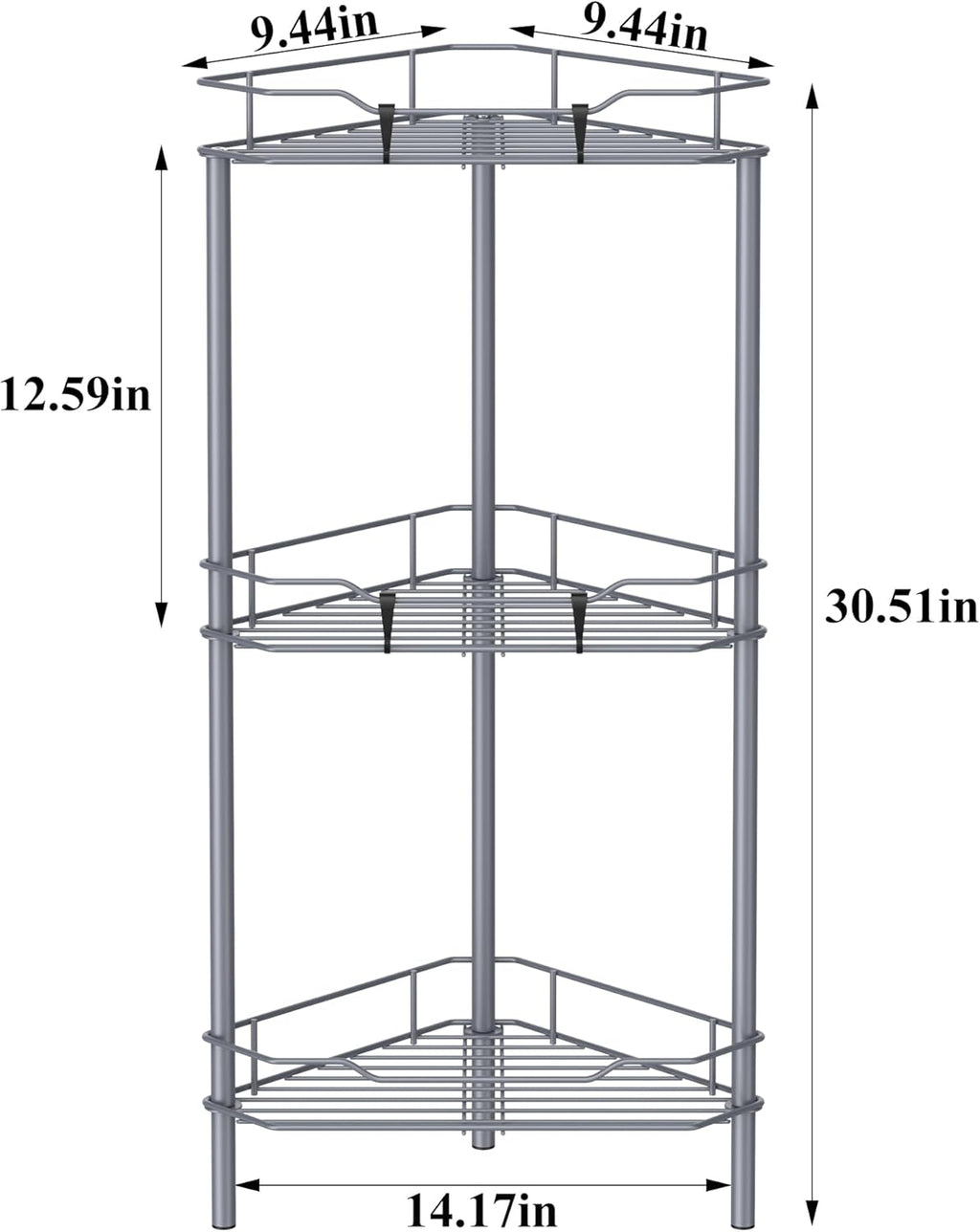 3 Tier Floor Standing Corner Shower Caddy Organizer Shelf with Hooks, Bathroom Shelves Stand Rack, Dark Gray