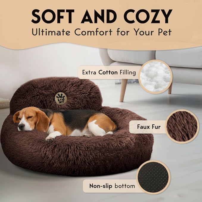 PetJett Calming Dog Bed Medium Size Dog - 30'' Donut Bed, Anti-Slip & Washable Super Soft Fluffy Plush Round Bed, Anti-Anxiety Premium Comfort Pet Bed, Fits Dogs up to 45 lbs - Brown