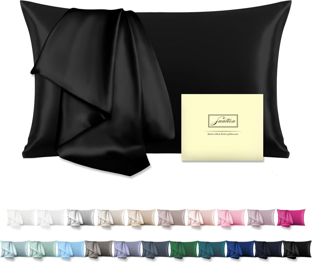 Natural Mulberry Silk Pillowcase for Hair and Skin Queen Size 20"X30" Silk Pillow Case with Hidden Zipper Soft Breathable Smooth Cooling Silk Pillow Covers for Sleeping(Black,Queen,1Pcs)
