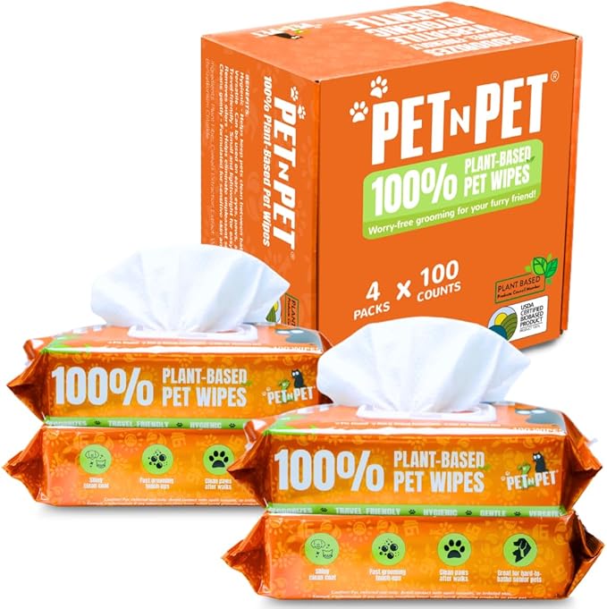 PET N PET 100% Plant Based Dog Wipes for Paws and Butt, 400 Counts Hypoallergenic Unscented Dog Pet Wipes, 8" x 8"