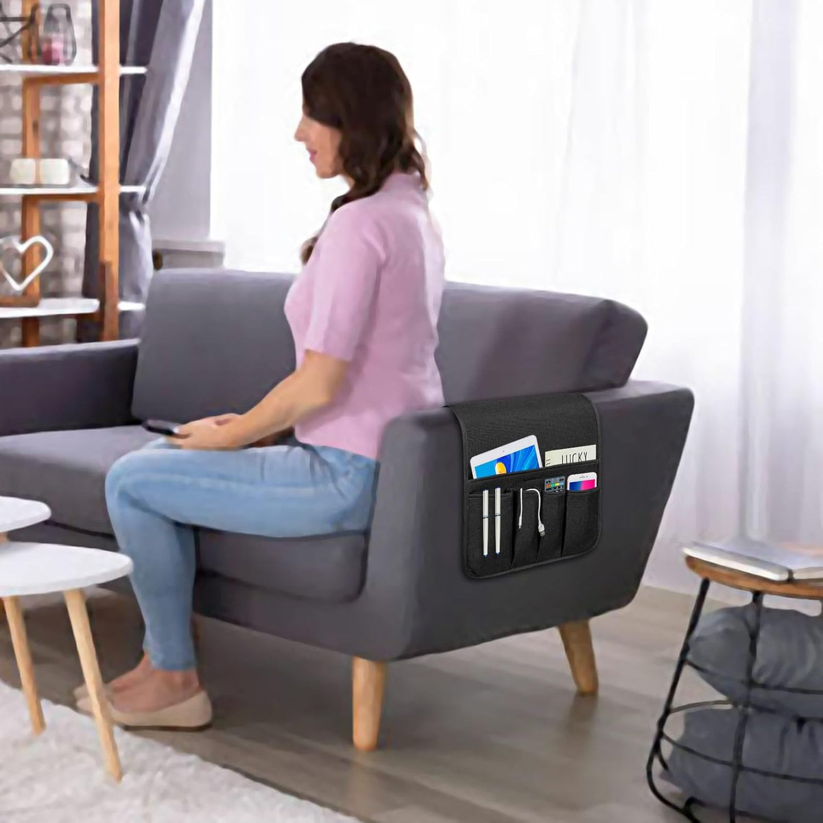 NB Sofa Armrest Organize remote holder bedside caddy organizer with 5 pockets，non-slip couch remote control holder couch armchair caddy accessories (black, 35"x12.4")
