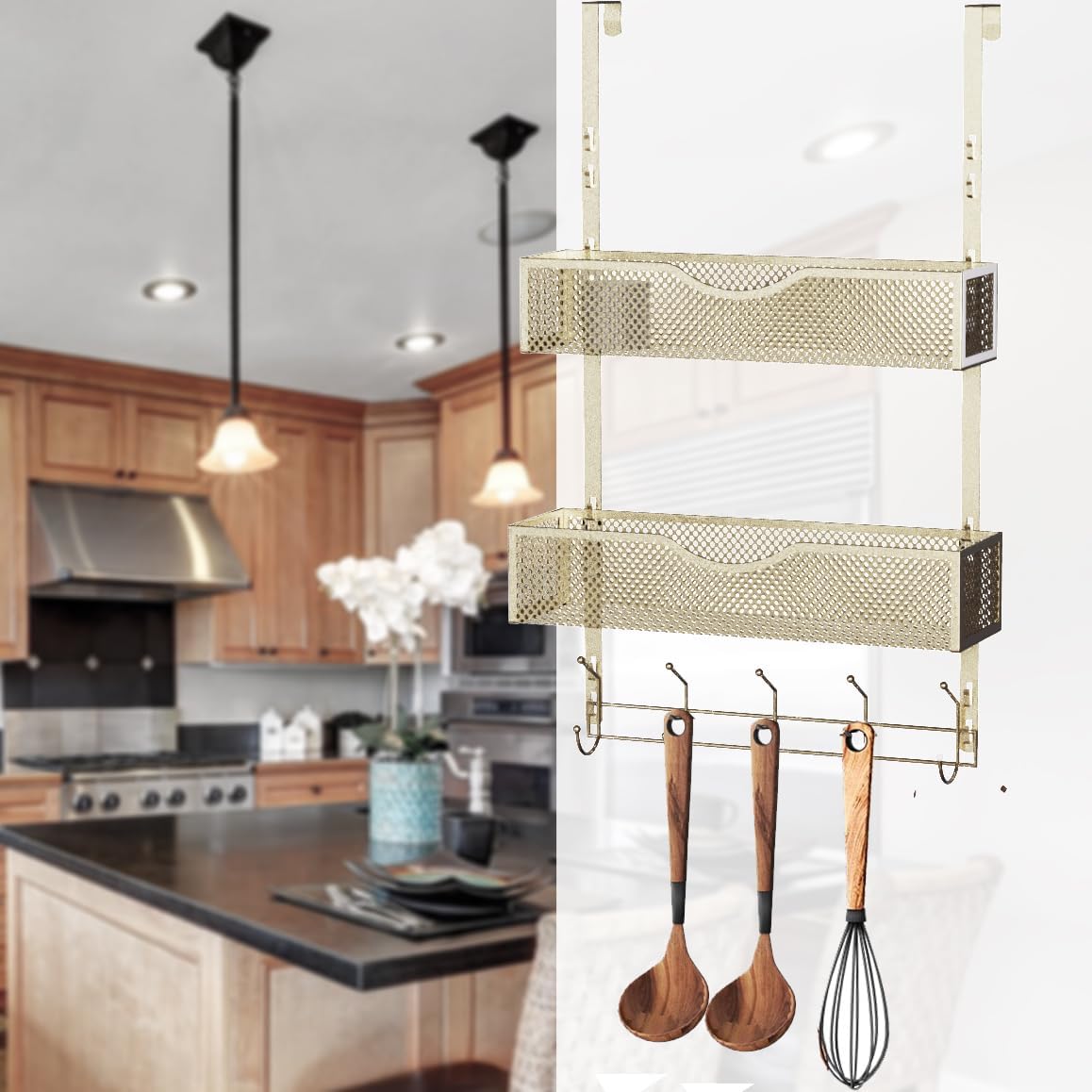BRENNHOLZ Over The Door Hooks Organizer,Coat Rack with 10 Hooks and 2 Mesh Baskets,Back of Door Storage Organizer for Bathroom,Bedroom,Kitchen,Office(Golden)