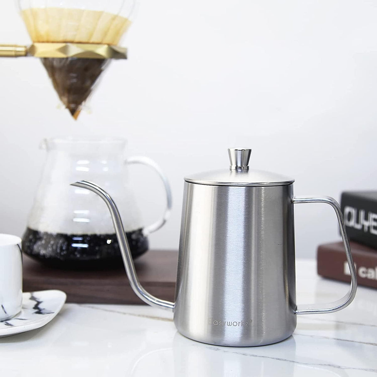 Easyworkz Gage Gooseneck Pour Over Coffee Kettle 20 oz with Thermometer Stainless Steel Hand Drip Coffee Pot With Long Narrow Spout, Silver