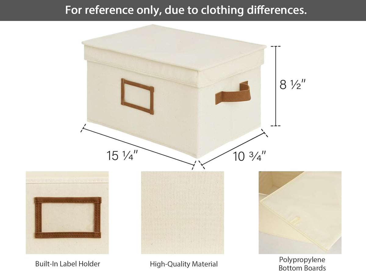StorageWorks Large Storage Bins with Lids, Decorative Storage Boxes with Lid and PU Handles, Foldable Storage Baskets for Closet, Shelves, Stackable, Ivory, 3-Pack