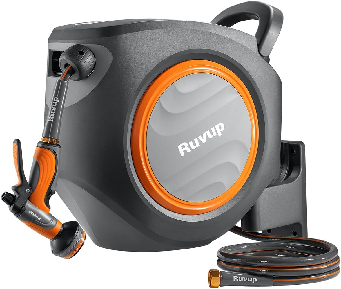 Ruvup Retractable Garden Hose Reel,1/2in x 150ft Water Hose Reel with Metal Bracket, UV Resistant Automatic Hose Reel Wall Mount for Outside, Slow Retraction Any Length Lock 10 Spray Nozzle
