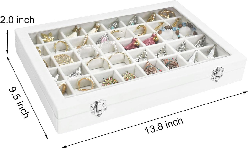 Velvet Jewelry Tray 48 Grid Jewelry Display Tray Organizer Box with Transparent Lid Rings Earrings Necklaces Pendants Display Box Suitable for Women and Girls (Ivory)