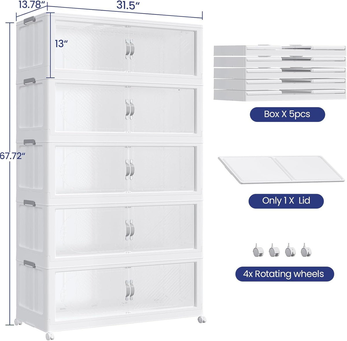 800QT Extra Large Stackable Storage Bins with Lid & Wheels & Doors, 200Gal Foldable Collapsible Closet Organizers, Plastic Cabinet Box Container Drawer for Home Kitchen Bedroom, 5Pack White