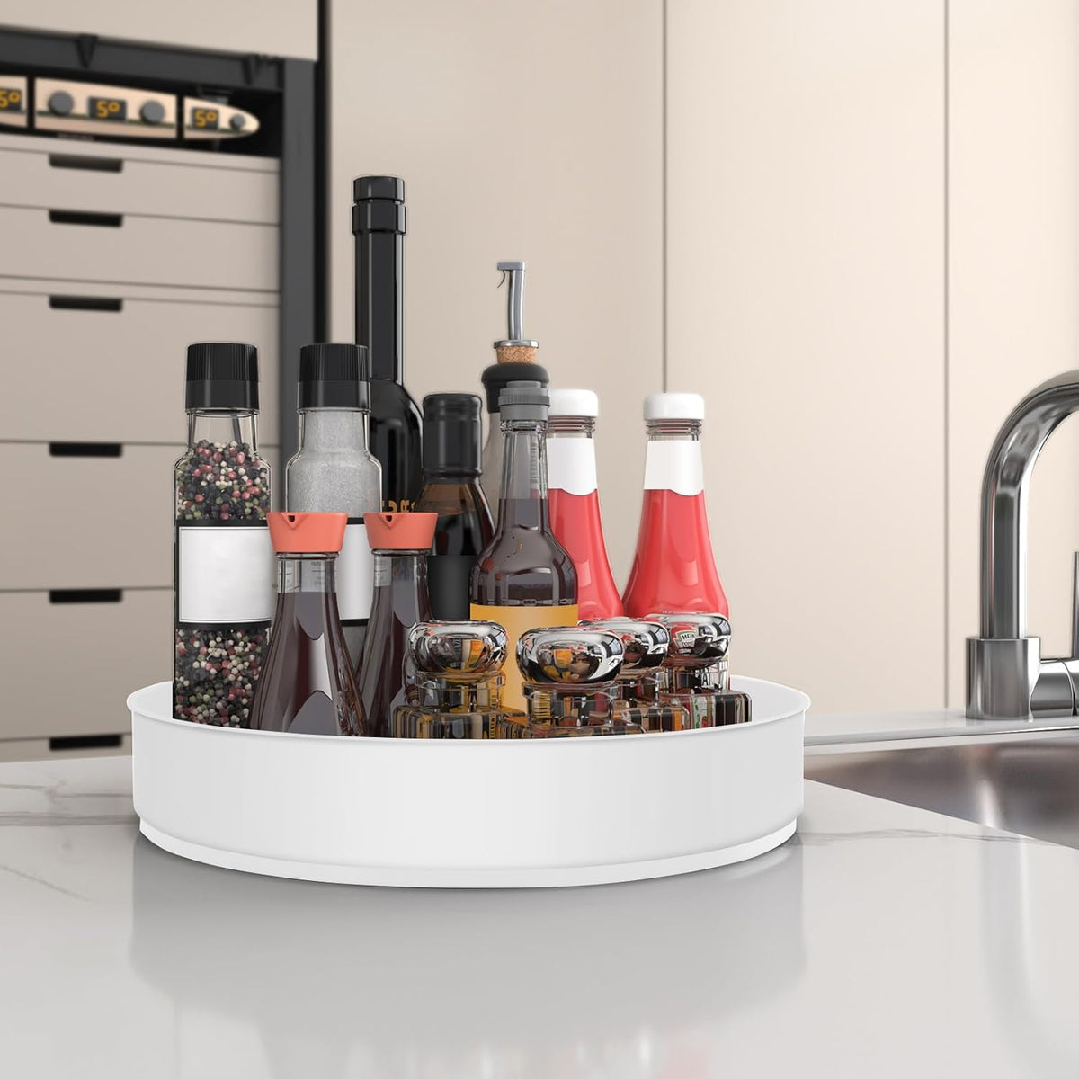 VAEHOLD Lazy Susan Turntable Spice Rack Organizer for Kitchen Cabinet, Storage Tray for Fruit, Snacks, Salad - Organizer for Cupboard, Pantry, Bathroom, Table, Cosmetic (White, 9 4/5'')