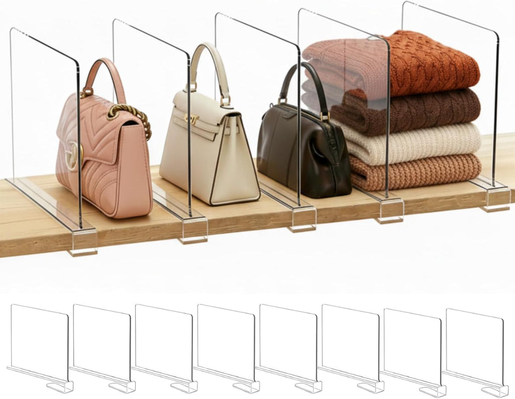 Shelf Dividers Purse Organizer for Closet: 8-Pack Acrylic Bag Storage Organizer for Handbags, Clutches, Clothes, Sweater, Towel on Wood Shelves