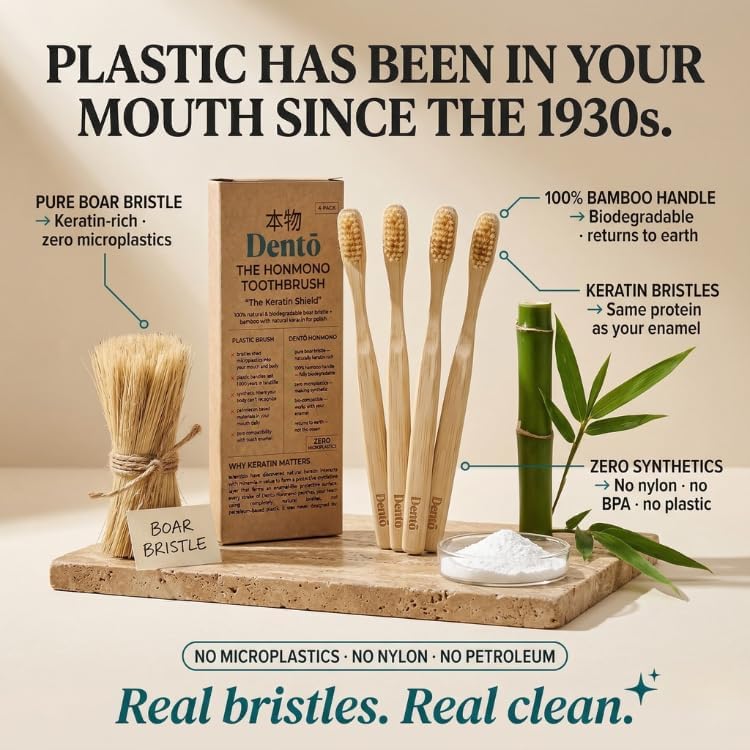 Dento 4-Pack Boar Bristle & Bamboo Toothbrushes, Keratin for Polish