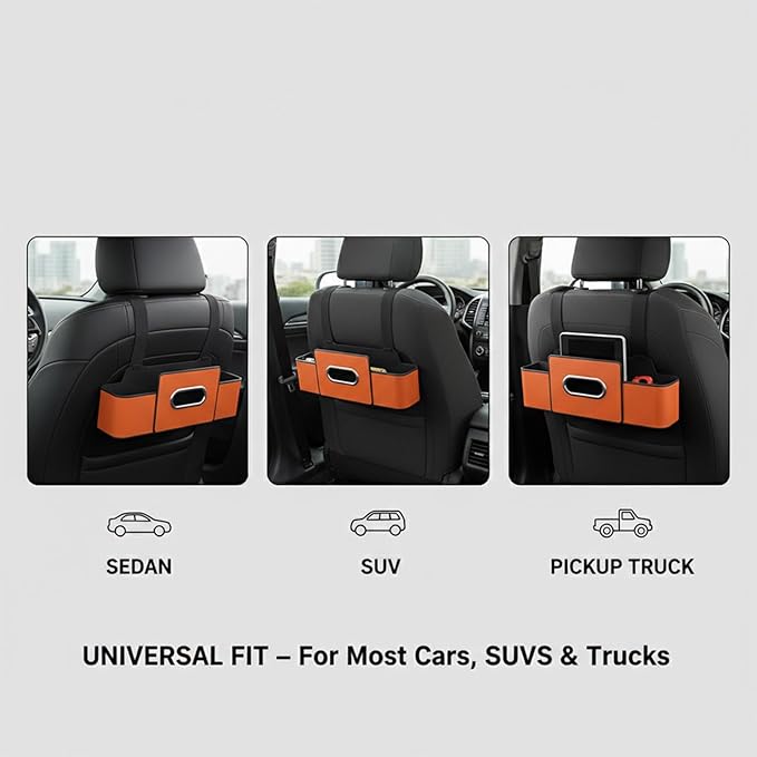 Car Organizers and Storage Box, 4 in 1 Multifunctional Car Organizer Back Seat with 2 Cup Holders & Tissue Box, Backseat Cars Organizer for Hold Phone, Snacks, Drinks, Handbag(Brown,2Pcs)