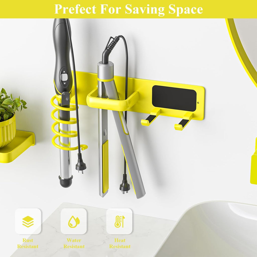 Tindbea Hair Dryer Holder Curling Iron Holder Flat Iron, Blow Dryer Holder Wall Mount, 3 in 1 Bathroom Hair Tool Organizer Rack for Universal Dryer, Bright Yellow
