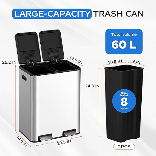PayLessHere Trash Can, 16 Gallon 60 Liter Rectangular Trash Cans Stainless