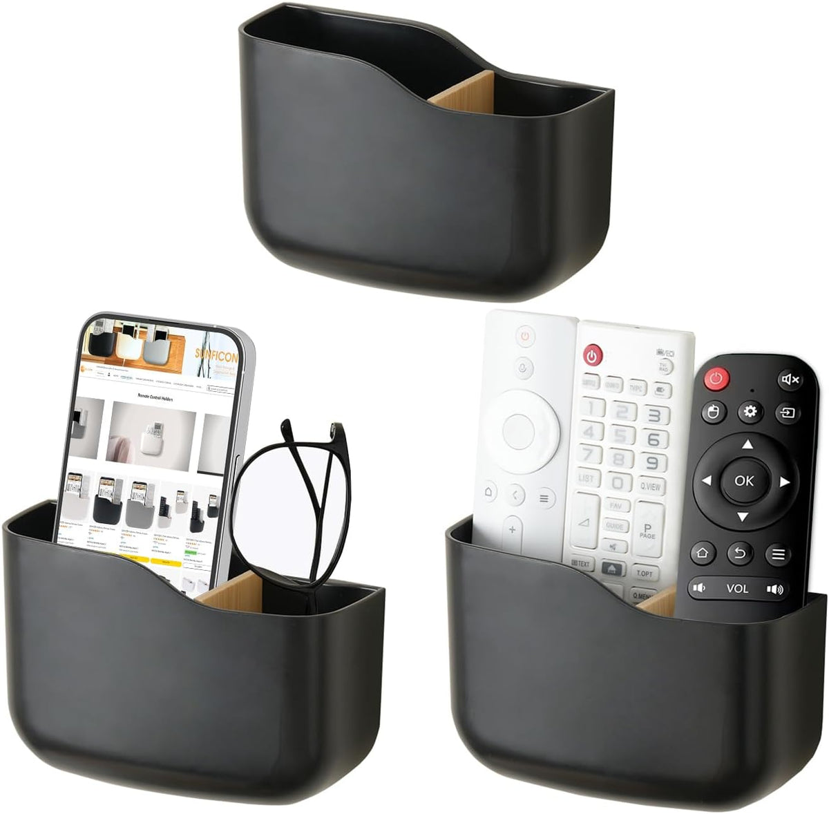 SUNFICON Wall Mount Remote Control Holders 3 Pack Adhesive Media Player Controller Holder Universal TV Remote Organizer Caddy Box Tray Hollow Bottom Phone Charging Home Office Desk Nightstand Black