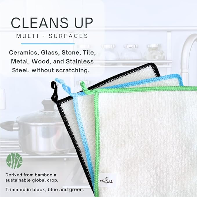 Whiffkitch Dishcloths Dishrags for Kitchen and Household Cleaning 6x7 3-Pack Non-Scratch 2-Ply Weave, Bamboo-Rayon Fabric, Absorbent, Washable, Long-Lasting