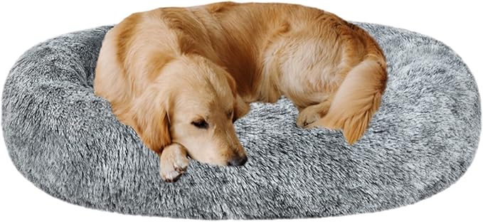 Coohom Oval Calming Donut Cuddler Dog Bed,Shag Faux Fur Cat Bed Washable Round Pillow Pet Bed(30"/36"/43") for Small Medium Dogs (XXL(43"x34"x8"), Grey)