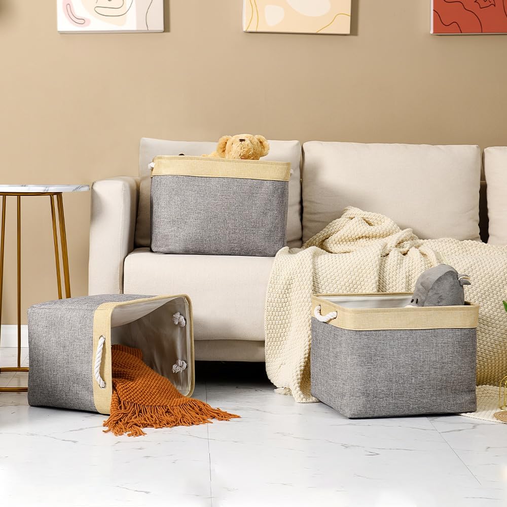 TheWarmHome Storage Basket for Organizing - Fabric Large Cubes 3 Pack 16x12x12 inch Baskets, Cube Storage Bin for Shelves Organizer Closet Cloth Gift Toy (Gold & Grey)