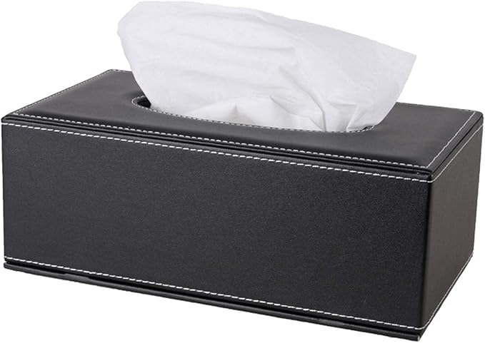 High-end Fashion PU Leather Tissue Box Holder Black with lid, Rectangular Napkin Facial Tissues Holder Dispenser,Home Office Car Tissue Box Cover Decorative Container with Magnetic Bottom (Black)