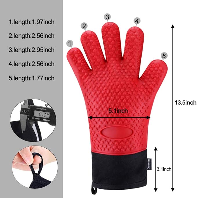 Comsmart BBQ Gloves, Heat Resistant Silicone Grilling Gloves, Long Waterproof BBQ Kitchen Oven Mitts with Inner Cotton Layer for Barbecue, Cooking, Baking, Smoker(Red)